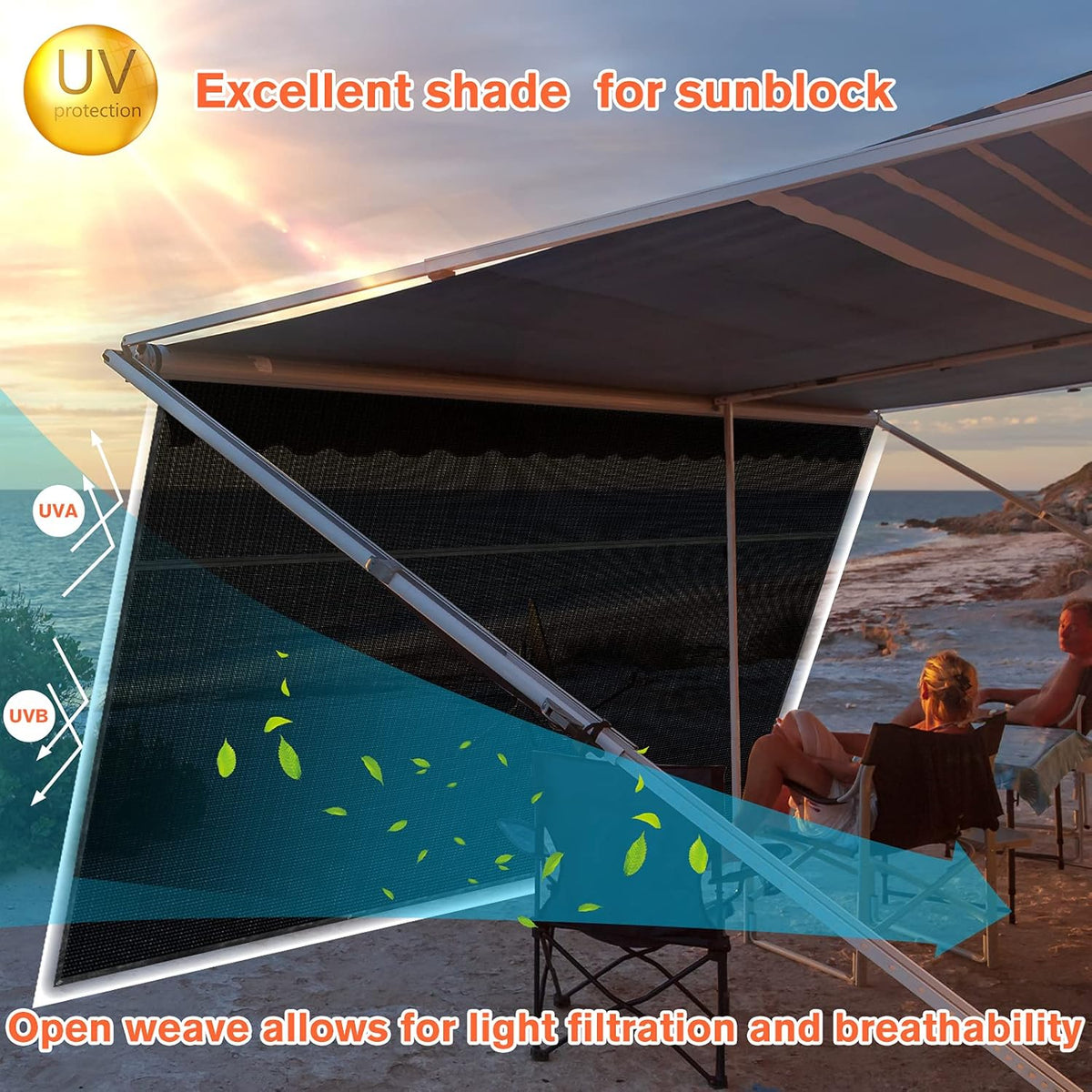 RV Awning Sun Shade Screen with Zipper, 9'X15' Black Mesh Camper Sunshade Y887
