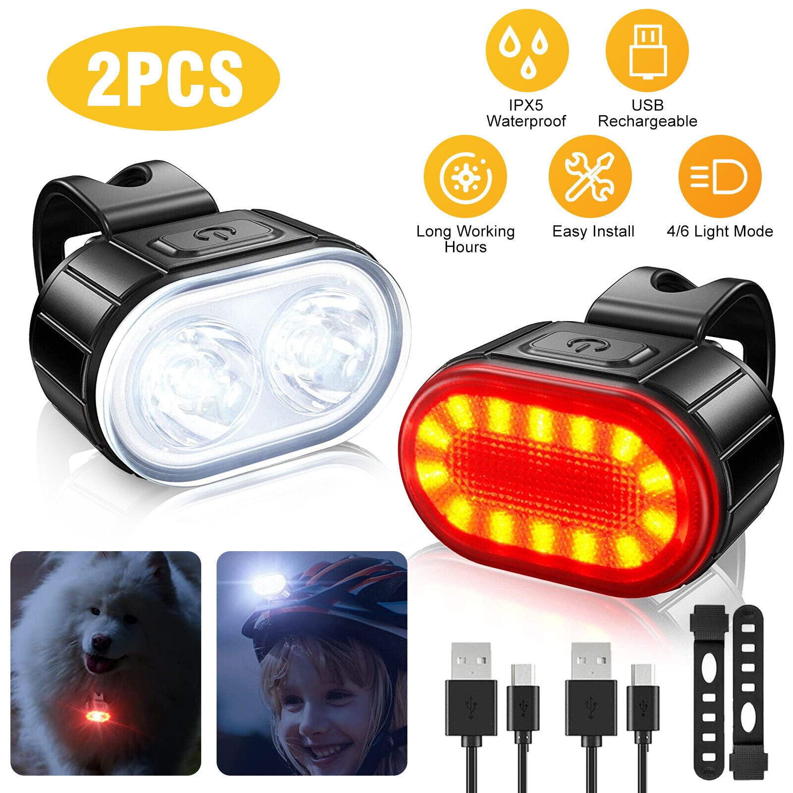 USB Rechargeable LED Bicycle Headlight Front Rear Light Set K614633