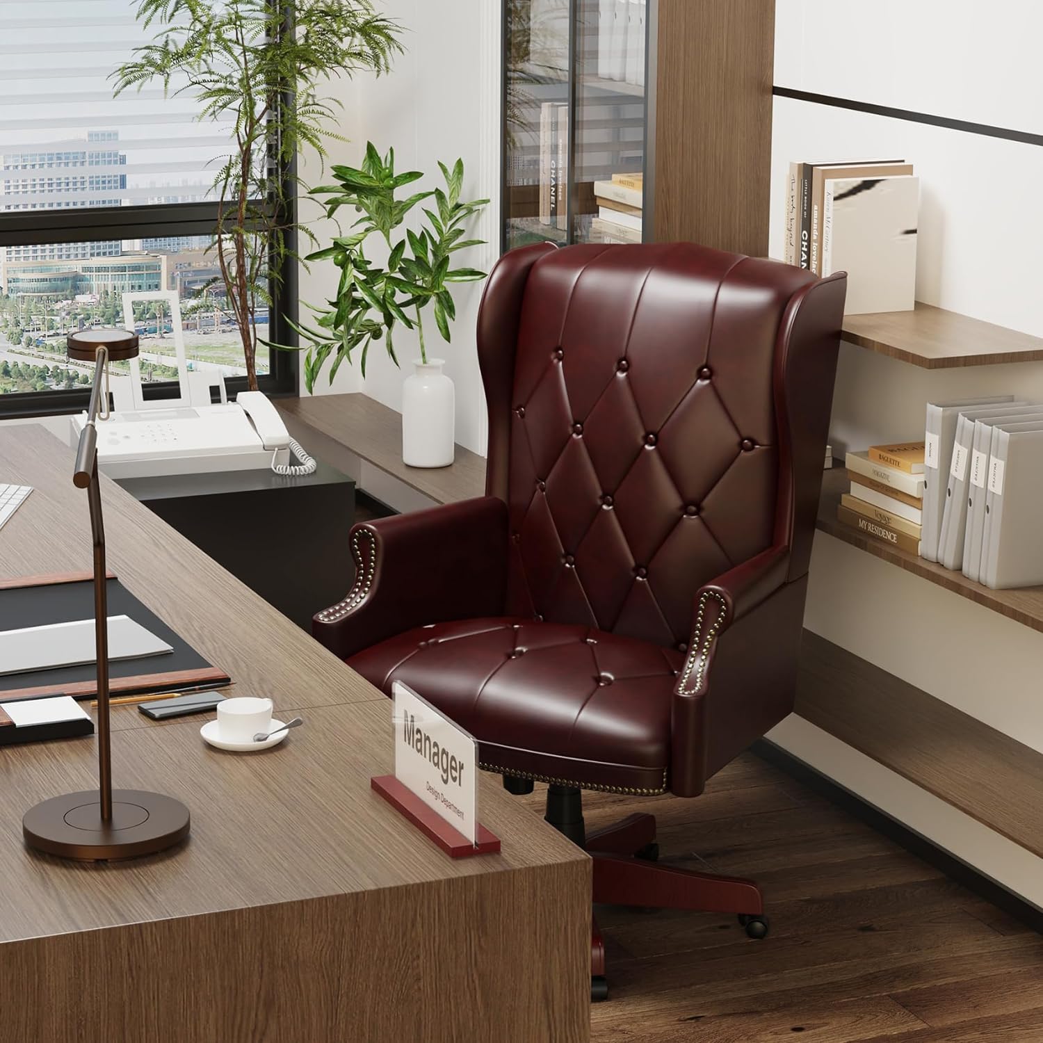 Gray High Back PU Leather Office Chair with Caster Wheels K425981