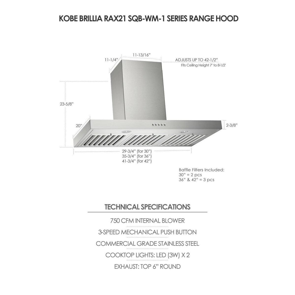 36x22 750 CFM Wall Mount Range Hood T5115