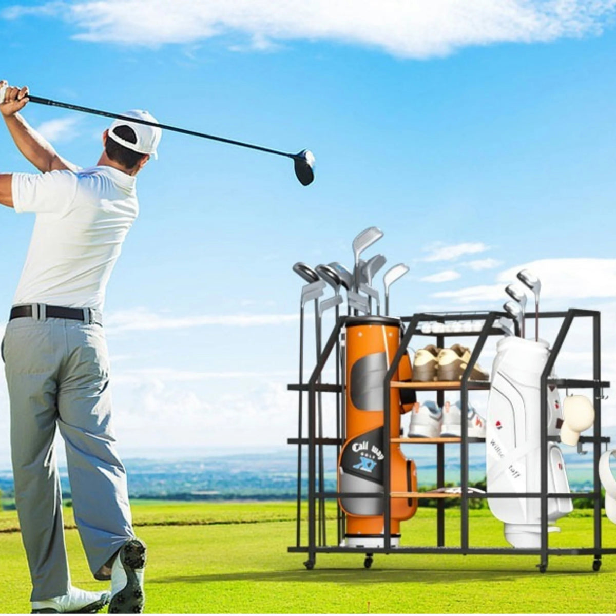 Extra Large Golf Bag Storage Rack with Locking Wheels G842