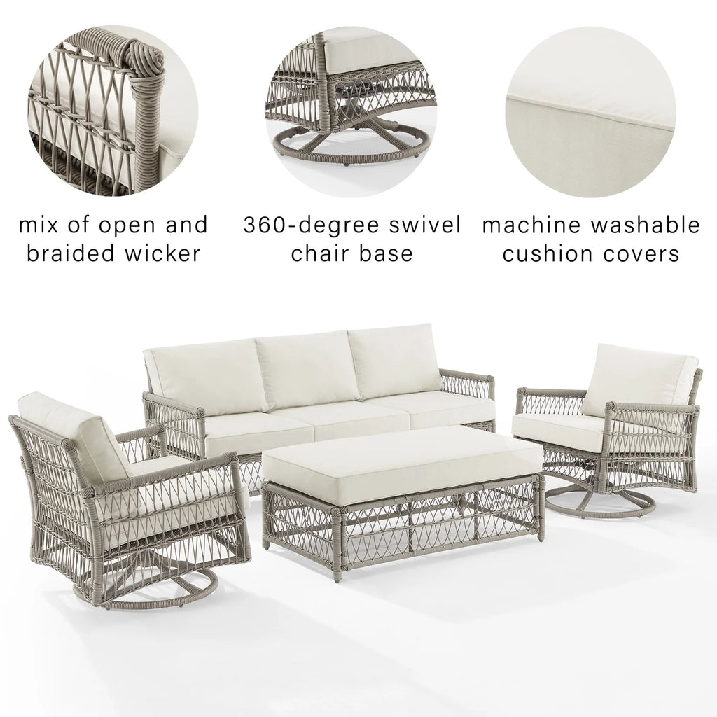 4Pc Outdoor Wicker Swivel Rocker And Sofa Set Creme/Driftwood F960
