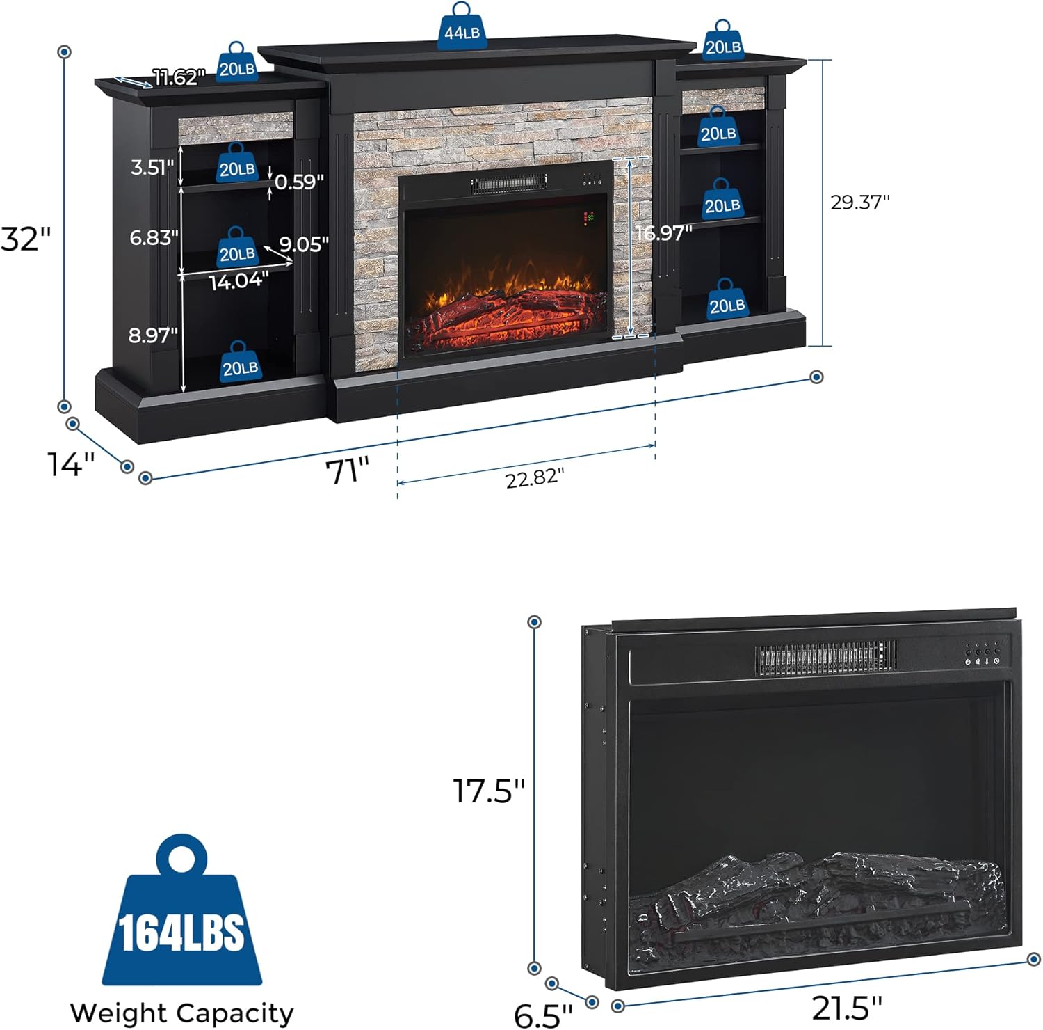 Electric Fireplace Mantel Freestanding Media Stand with 3 Cabinet Bookcase Shelf and Remote Control R91210