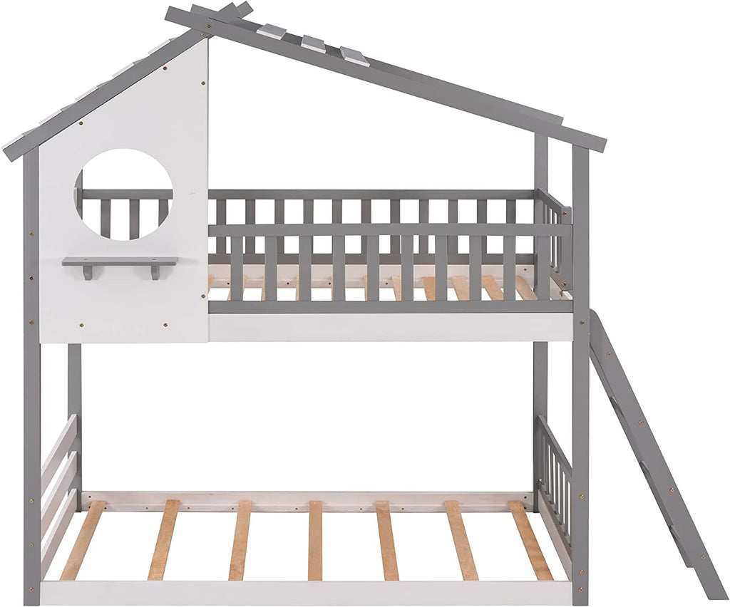 Gray Wood Kids House Bed with Roof and Ladder Q707301