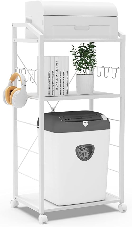 Large 3-Tier Mobile Printer Stand Utility Cart Rustic Wooden Adjustable Shelves with 8 Hooks Caster Wheels E94504