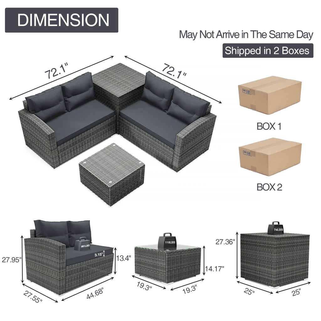 4 Pieces PE Rattan Sectional Sofa Set with Glass Table N90358