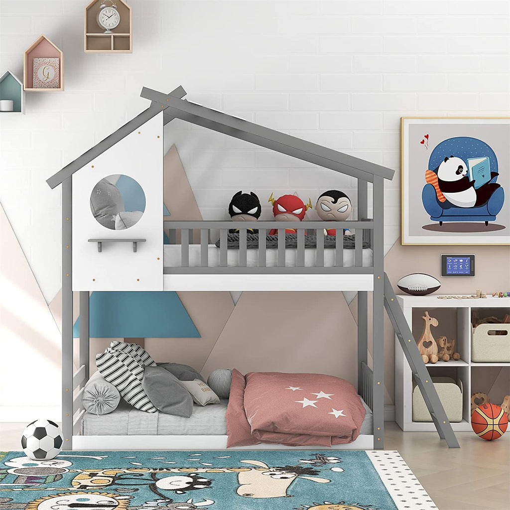 Gray Wood Kids House Bed with Roof and Ladder Q707301
