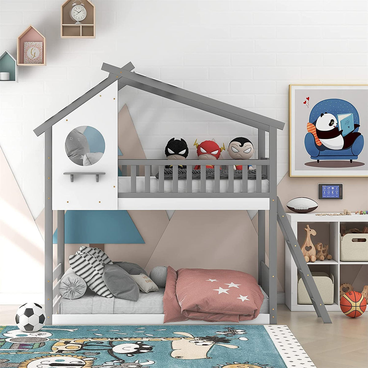Gray Wood Kids House Bed with Roof and Ladder Q707301