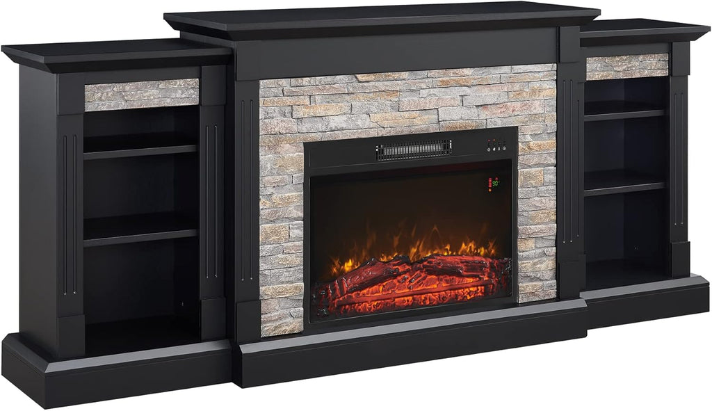 Electric Fireplace Mantel Freestanding Media Stand with 3 Cabinet Bookcase Shelf and Remote Control R91210