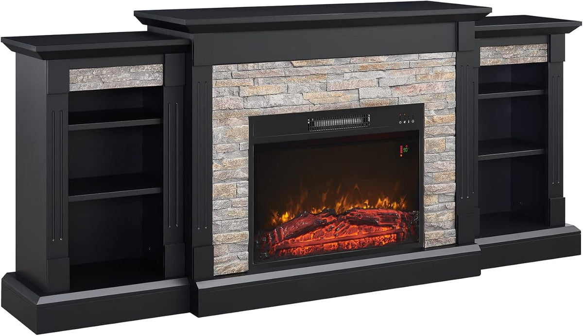 Electric Fireplace Mantel Freestanding Media Stand with 3 Cabinet Bookcase Shelf and Remote Control R91210