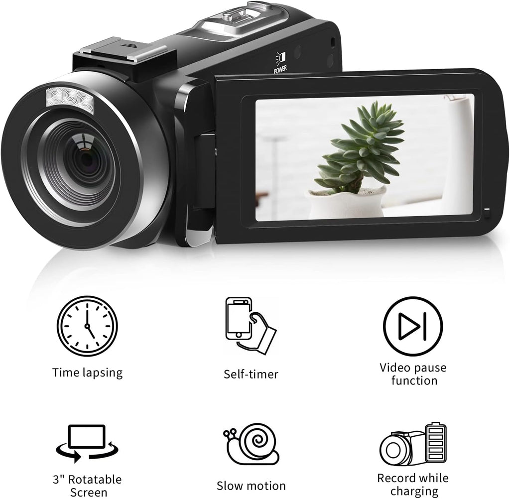 2.7K 30FPS Digital Video Camera with 2 Batteries IR Night Vision 30MP 270 Degree Rotation Screen T715