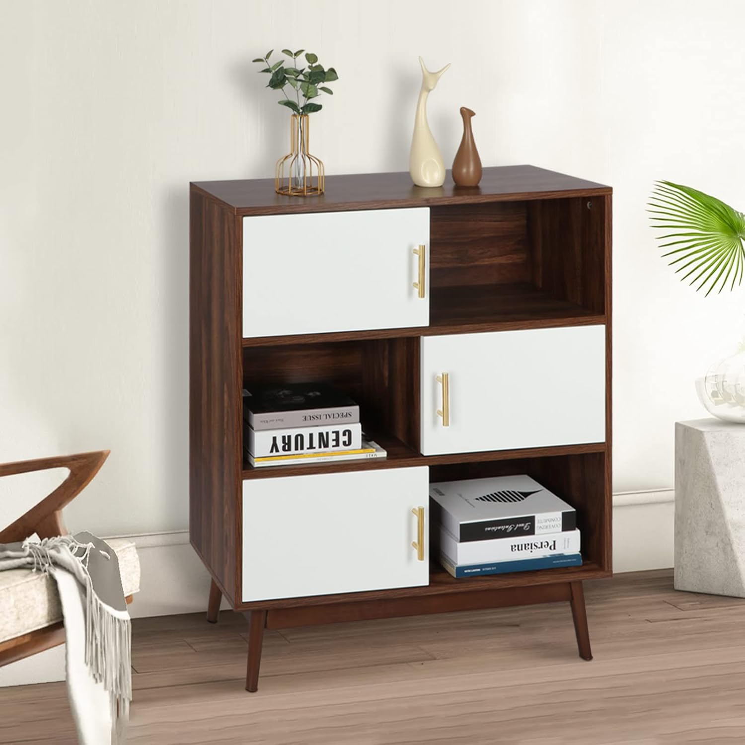 Walnut Storage Cabinet with Doors and Open Shelves Z896928