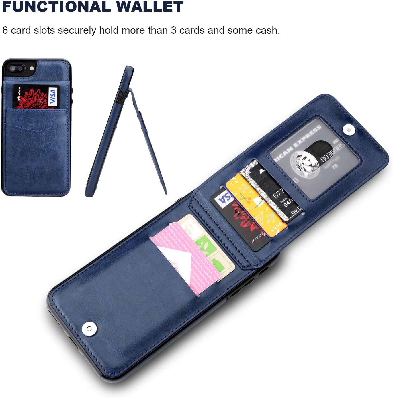 Blue Leather Wallet Case for iPhone 7 Plus 8 Plus with Card Holder P88710
