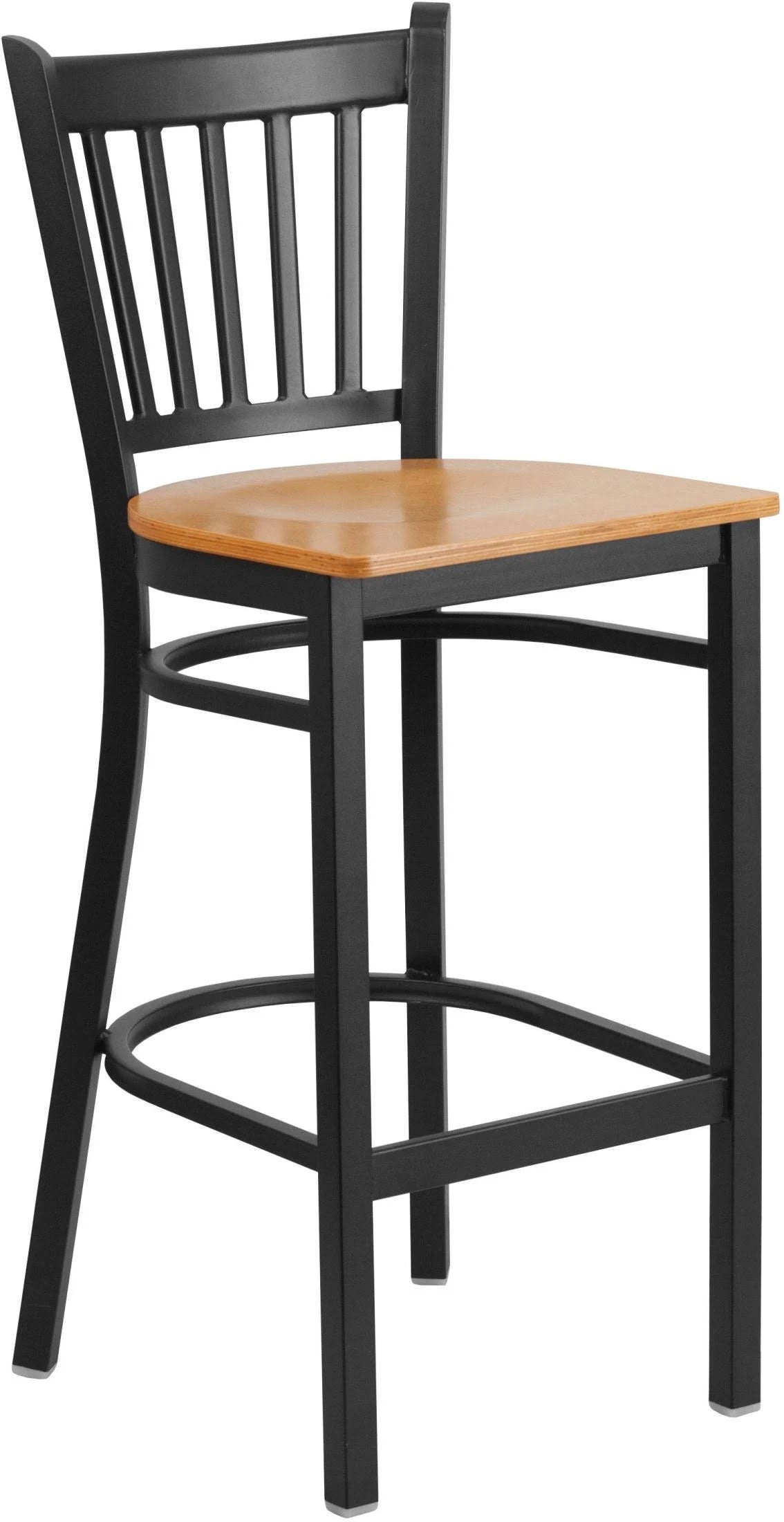 Black Vertical Back Metal Restaurant Barstool with Natural Wood Seat Z558