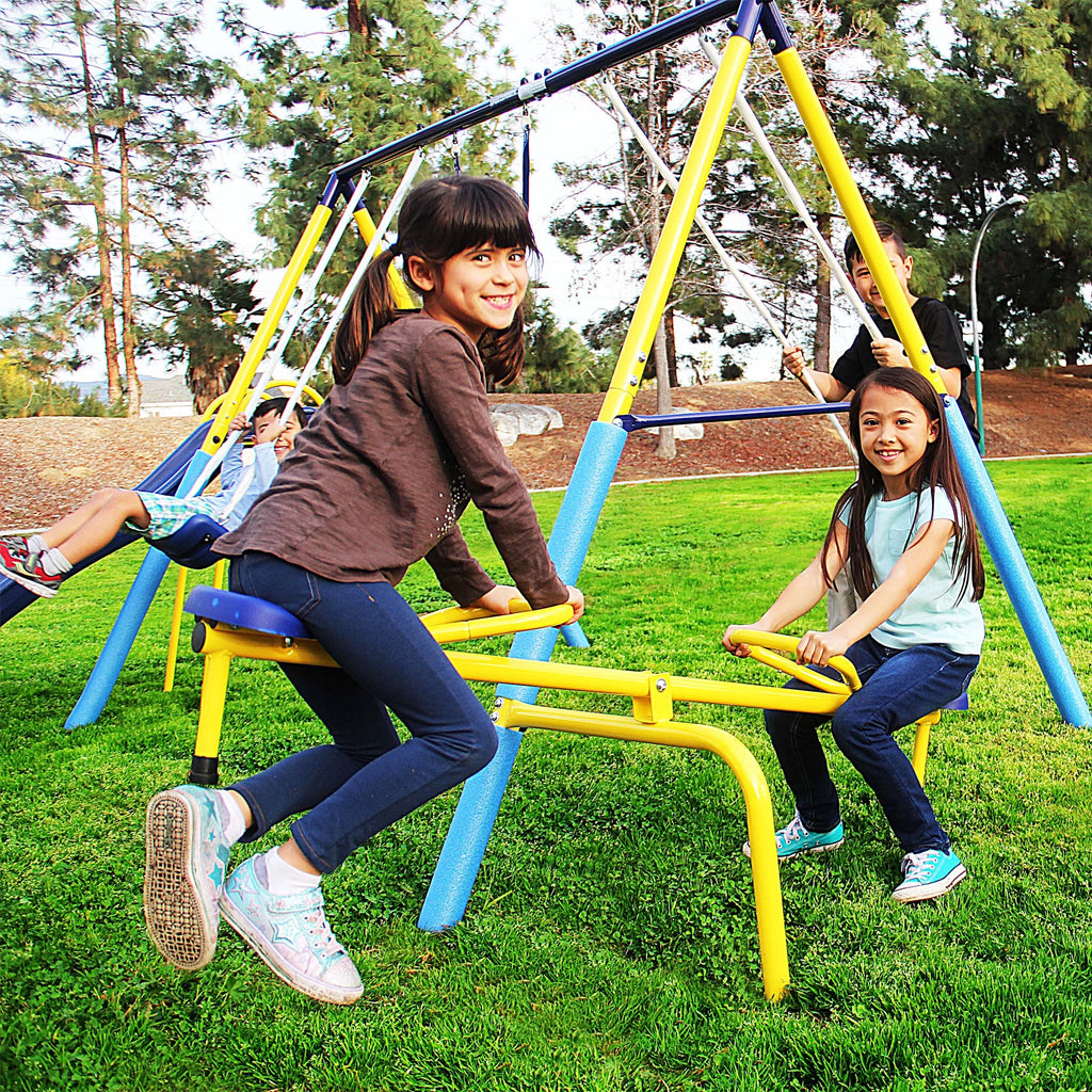 Metal Swing Set with Trapeze, Teeter-Totter, and 6' Double Wall Slide S428051