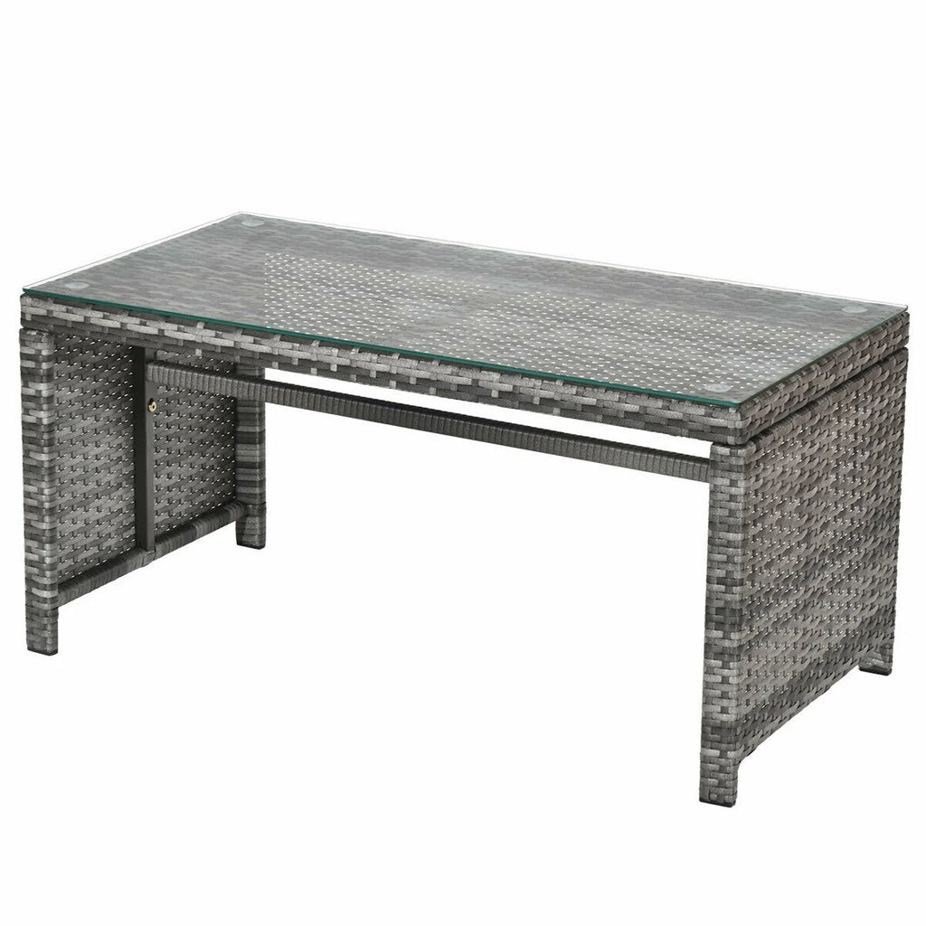 White Rattan Patio Furniture Set with Glass Table Top Cushioned Sofa E41089