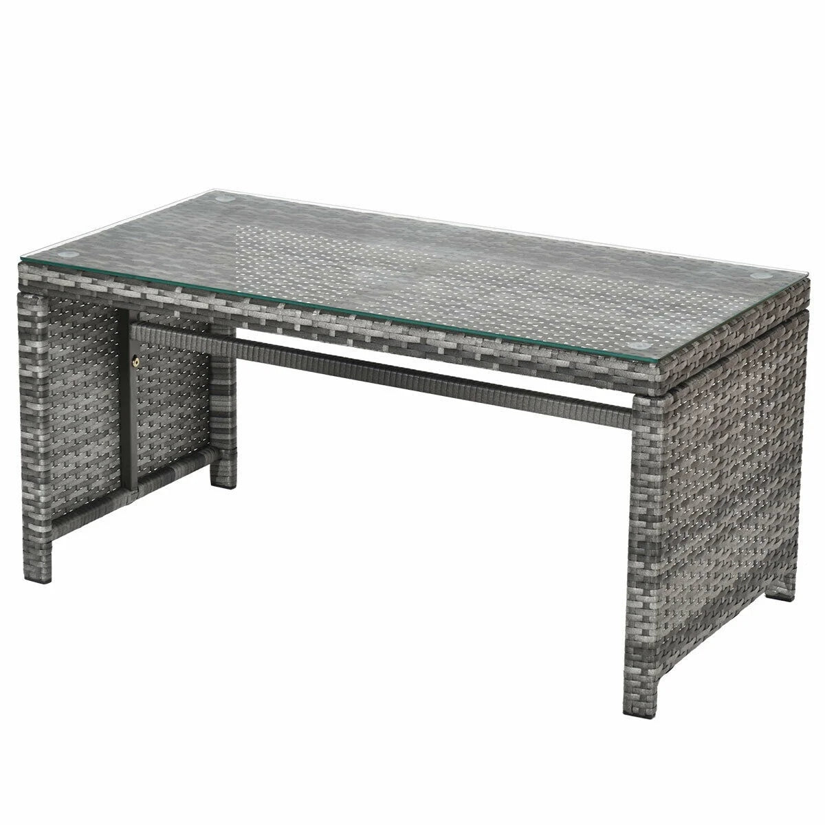 White Rattan Patio Furniture Set with Glass Table Top Cushioned Sofa E41089