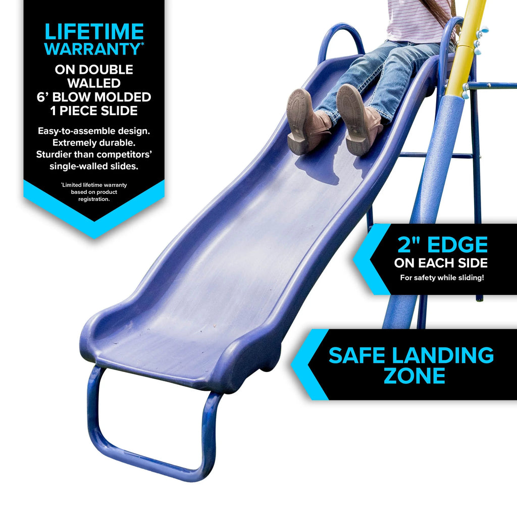 Metal Swing Set with Trapeze, Teeter-Totter, and 6' Double Wall Slide S428051
