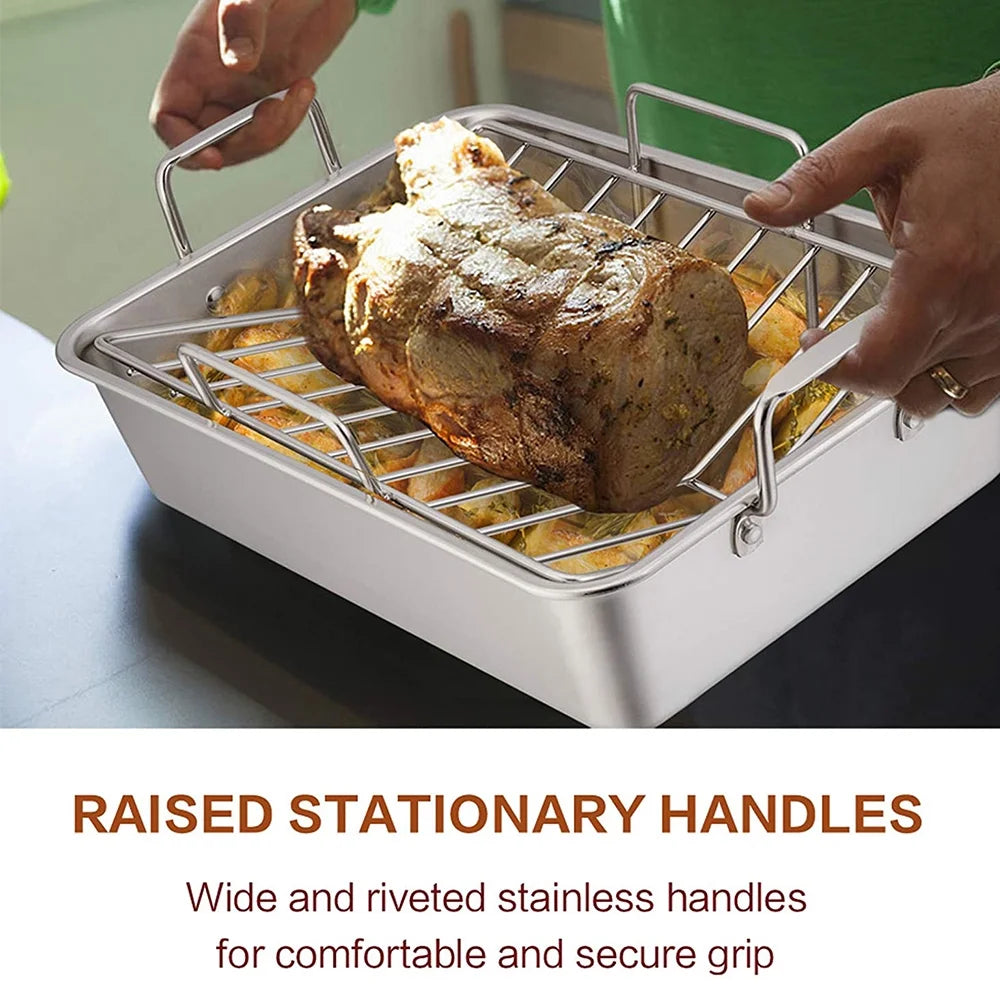 Stainless Steel Roasting Pan with Rack, 17'' x 11.5'' x 5.5'' O956