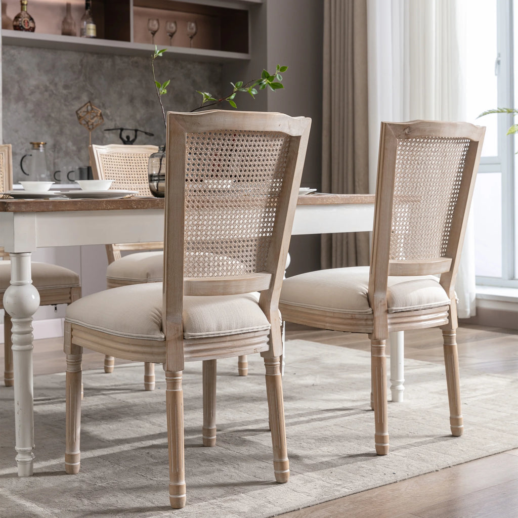 Cream Linen Fabric Rattan Back Dining Chair, Set of 2 K77266