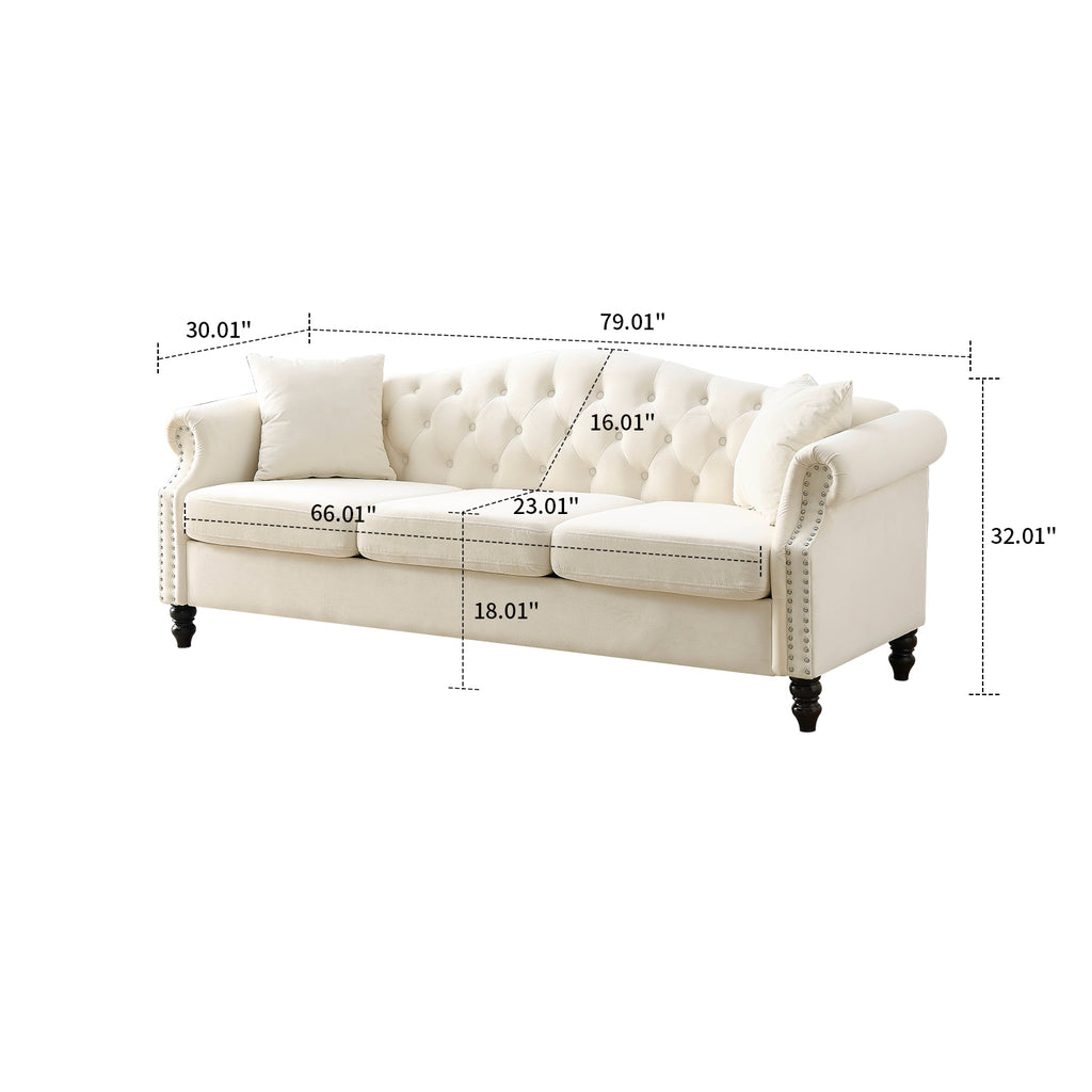Beige Velvet Three-seat Sofa with Two Pillows J364
