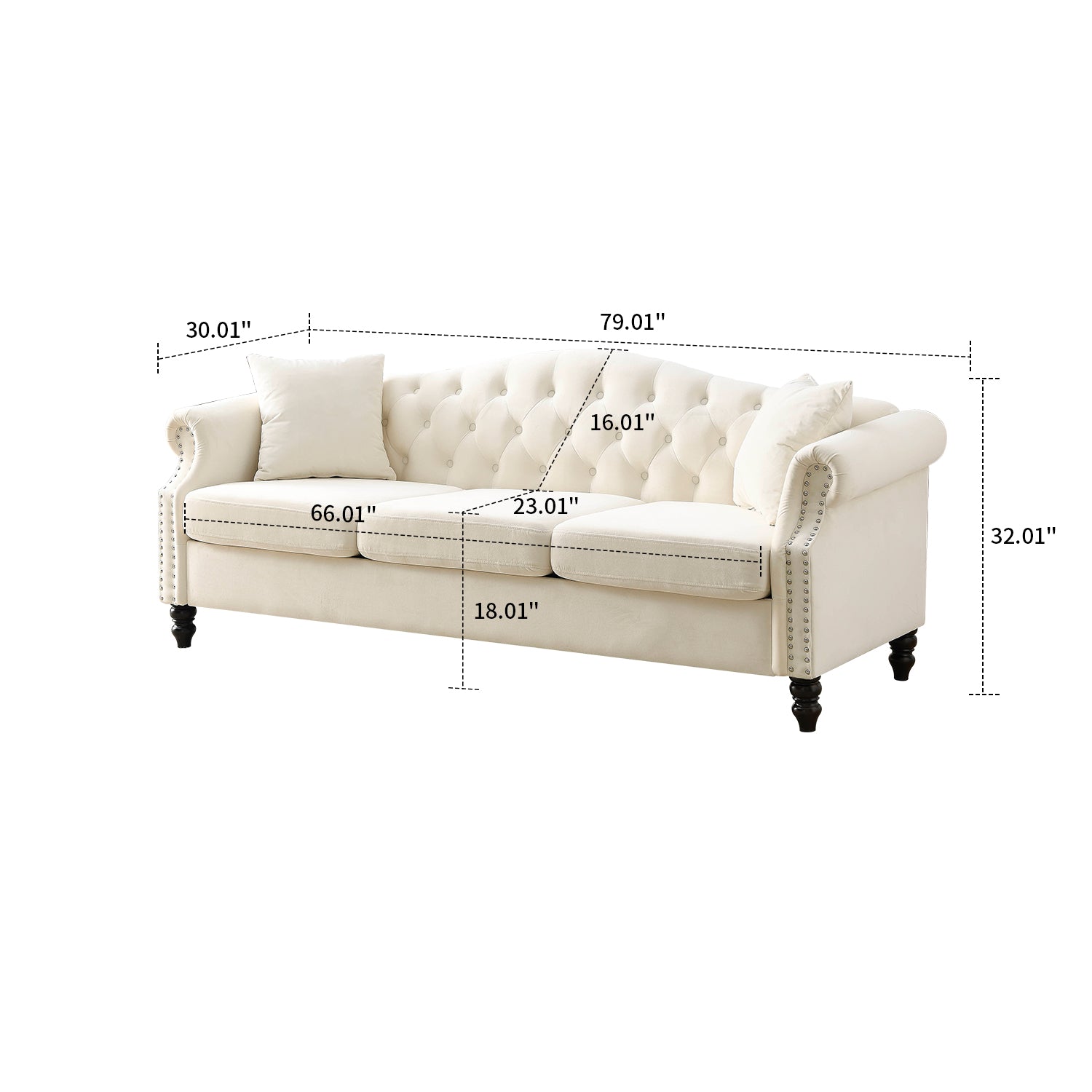 Beige Velvet Three-seat Sofa with Two Pillows J364