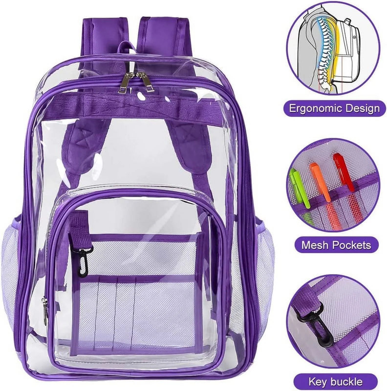 Purple 3pcs Waterproof Clear PVC Backpack Set with Reinforced Padded Straps G276