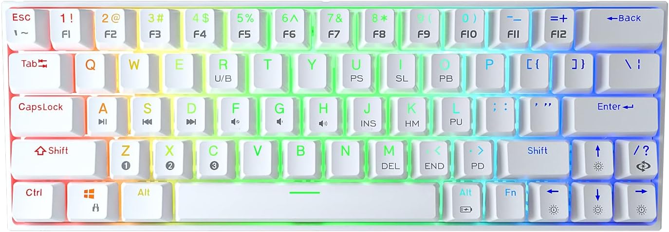 Wireless Wired 60% Mechanical Keyboard with Arrow Keys, Bluetooth 5.1, True RGB Backlit, 1900mAh Battery (White, Red Switch) O370711