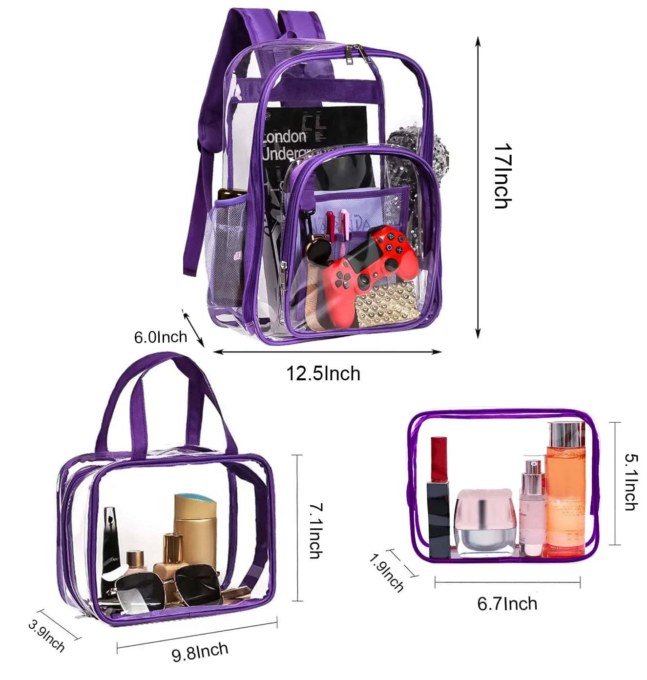 Purple 3pcs Waterproof Clear PVC Backpack Set with Reinforced Padded Straps G276