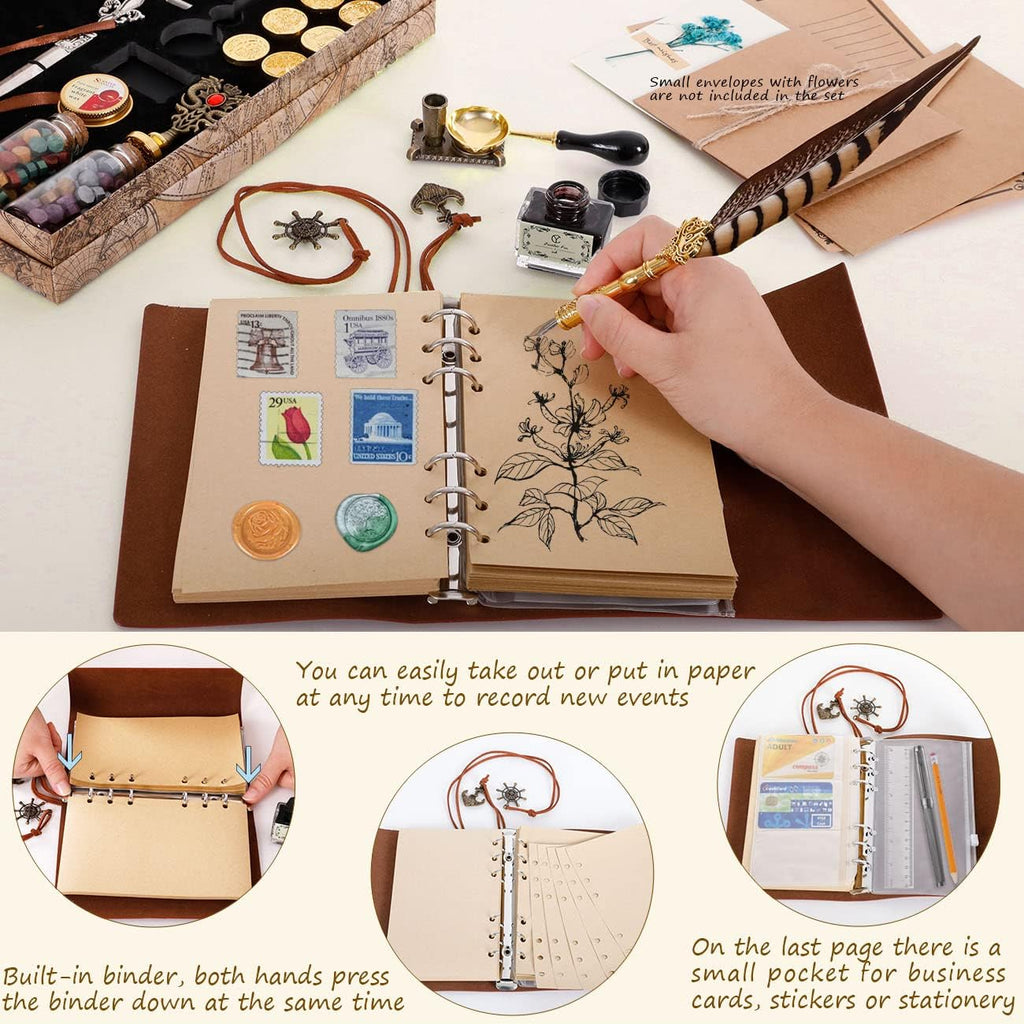 Pheasant Quill Pen and Ink Set Wax Seal Stamp Kit with Leather Journal Notebook Feather Dip Pen, Calligraphy Pen Set, 7 Wax Stamp Heads, Pack of 2 V7105