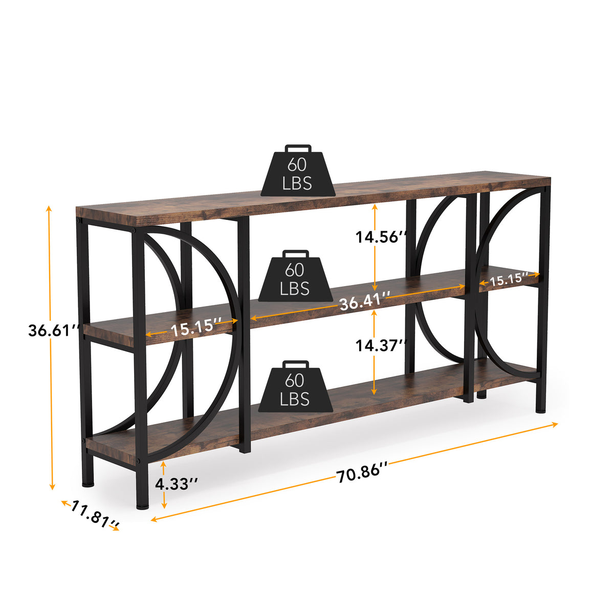 Rustic Brown 3 Tier Narrow Console Table with Storage Shelves V5765