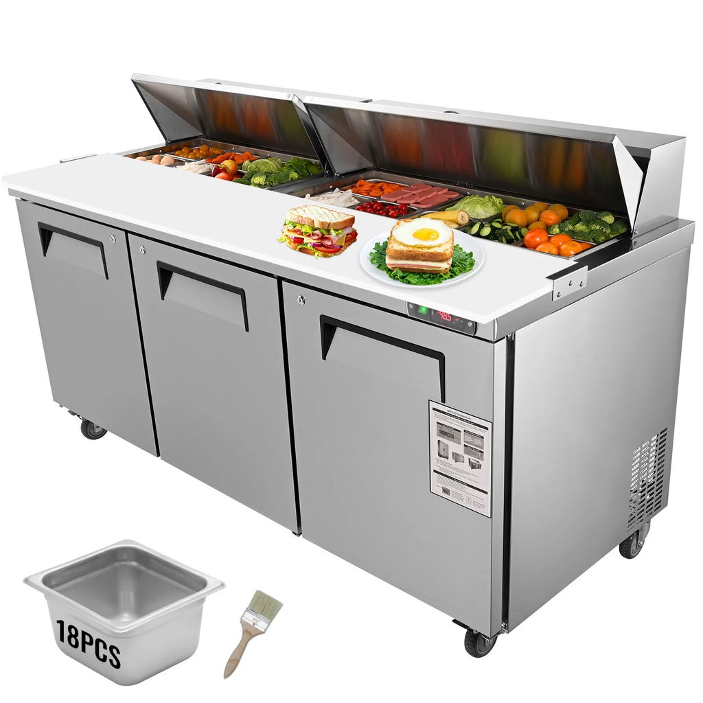 Refrigerated 72" Wide Sandwich Salad Prep Table 3 Doors Holds 18 Pans E733980