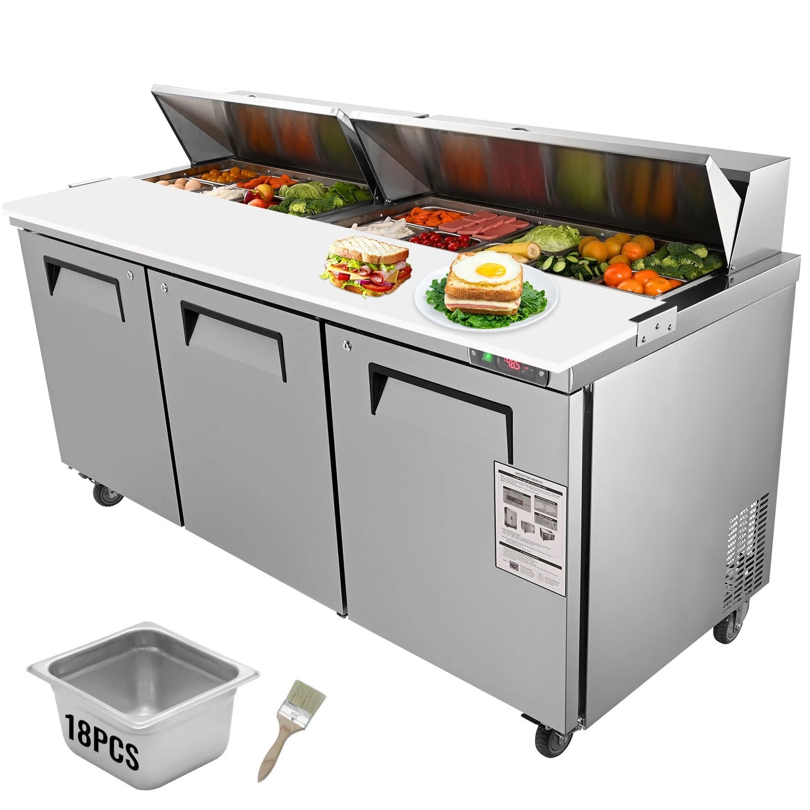 Refrigerated 72" Wide Sandwich Salad Prep Table 3 Doors Holds 18 Pans E733980