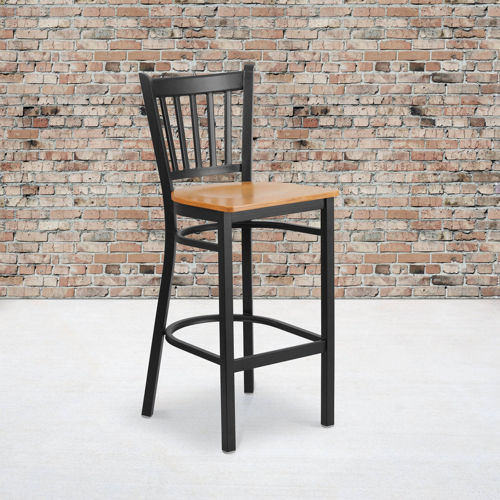 Black Vertical Back Metal Restaurant Barstool with Natural Wood Seat Z558