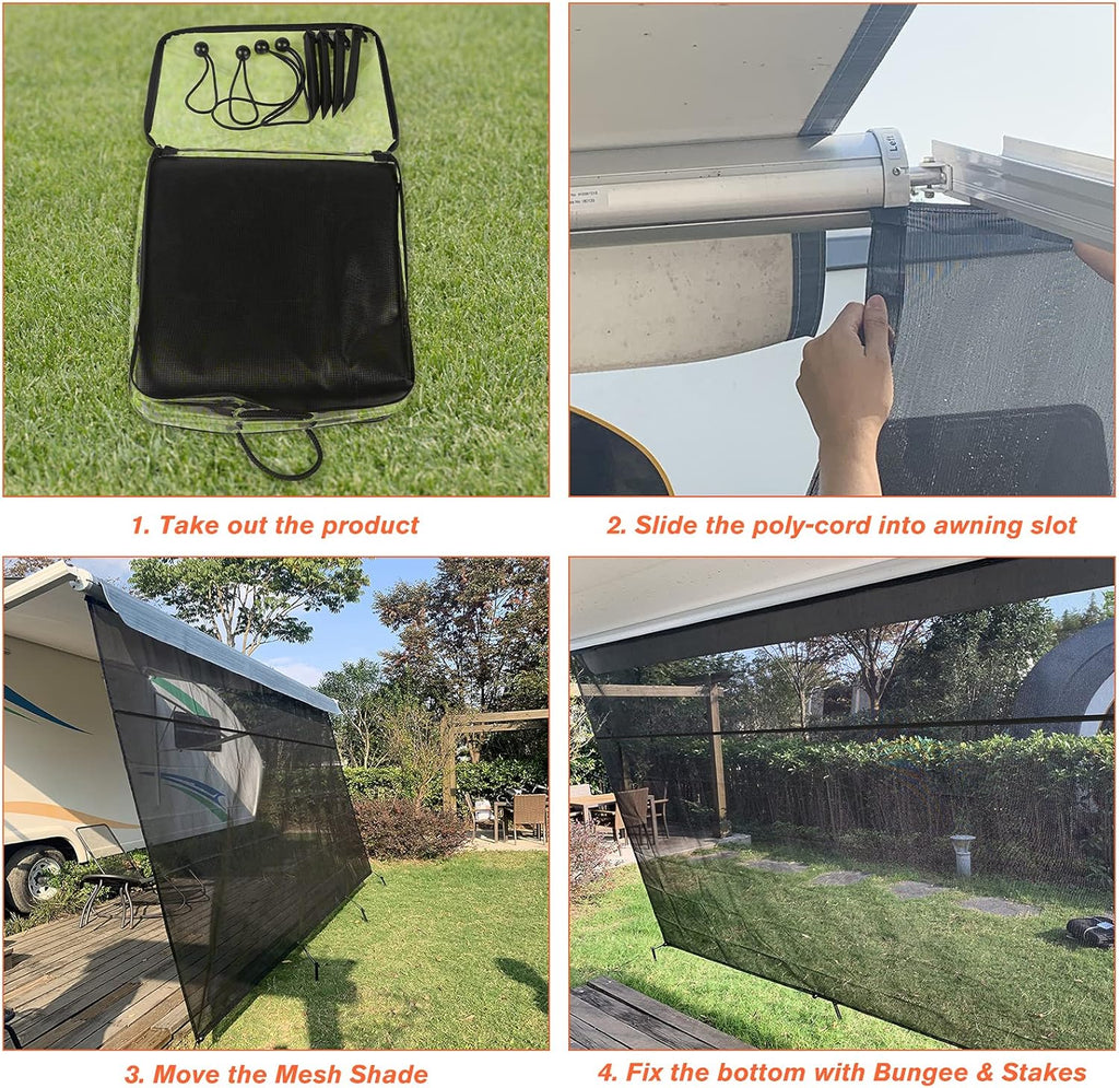 RV Awning Sun Shade Screen with Zipper, 9'X15' Black Mesh Camper Sunshade Y887
