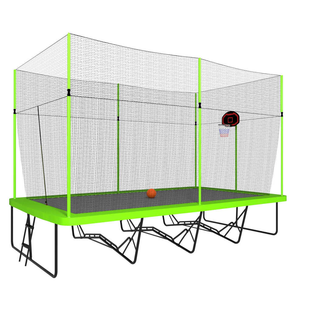 10ft by 17ft Rectangular Trampoline with Green Fabric Black Galvanized Steel Tubes with Basketball Hoop System Ladder K47829