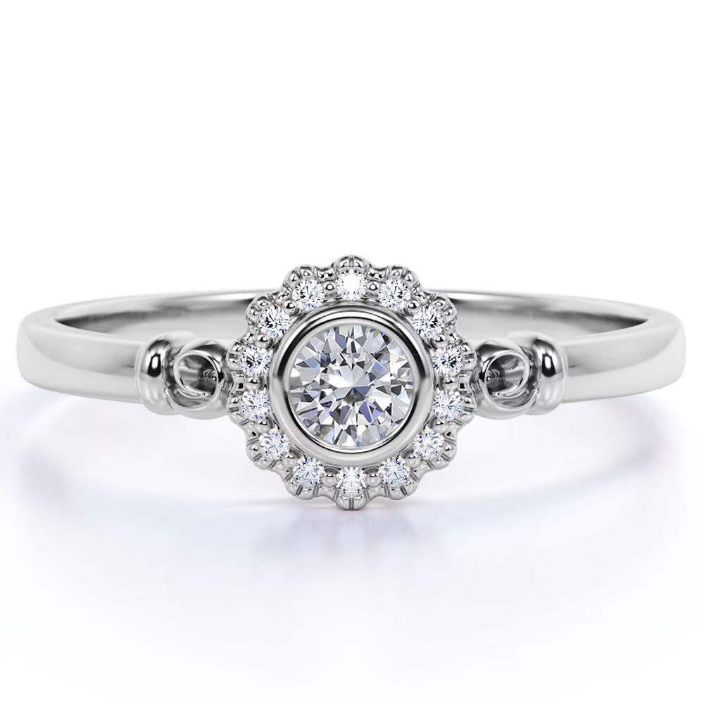 0.63 ct Bezel Set Round Cut Diamond Halo Engagement Ring in 10K White Gold E530470