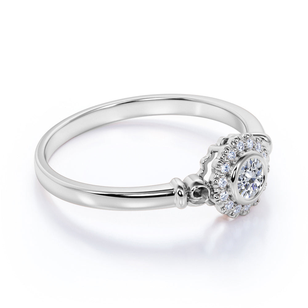 0.63 ct Bezel Set Round Cut Diamond Halo Engagement Ring in 10K White Gold E530470