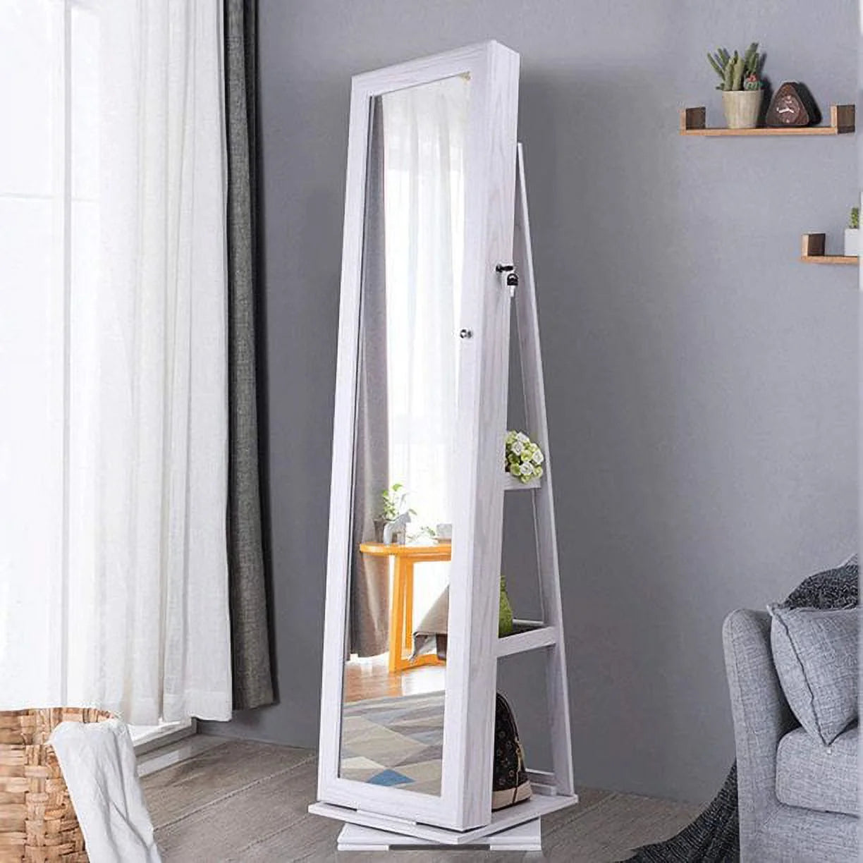 White Rotatable Jewelry Armoire with Full-length Mirror X82562