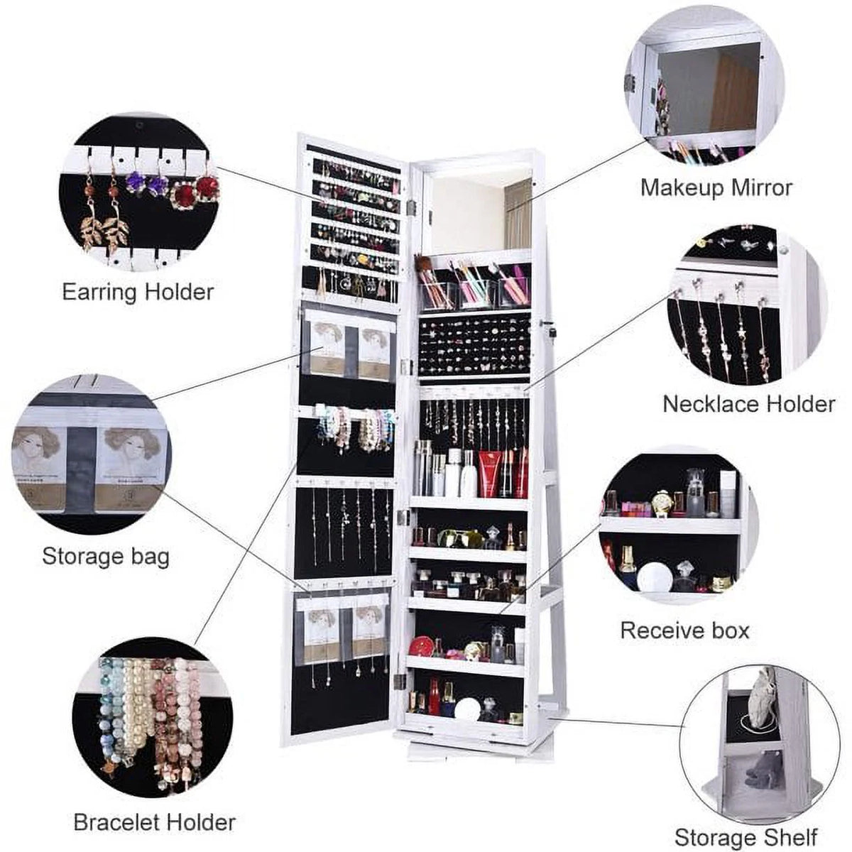 White Rotatable Jewelry Armoire with Full-length Mirror X82562
