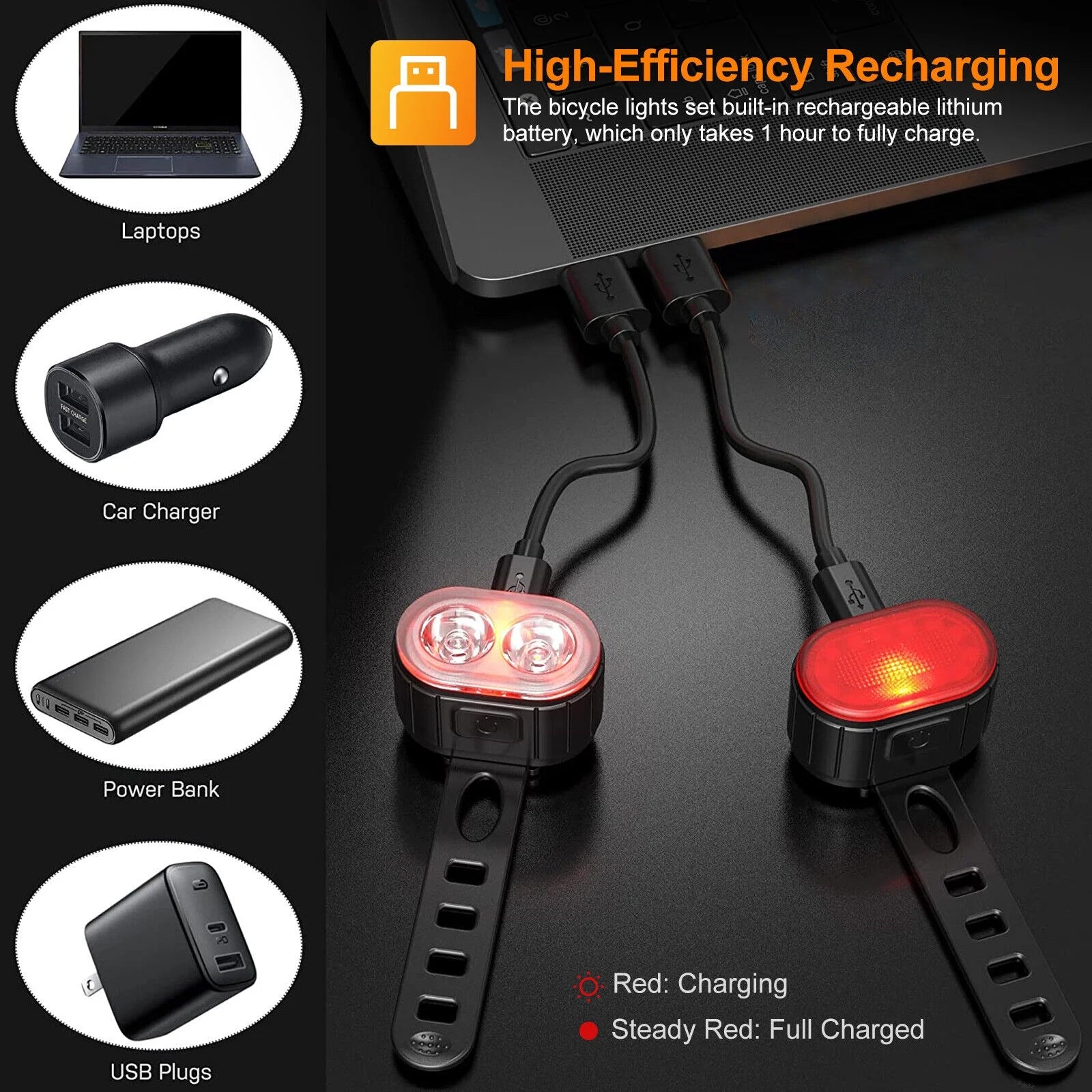 USB Rechargeable LED Bicycle Headlight Front Rear Light Set K614633