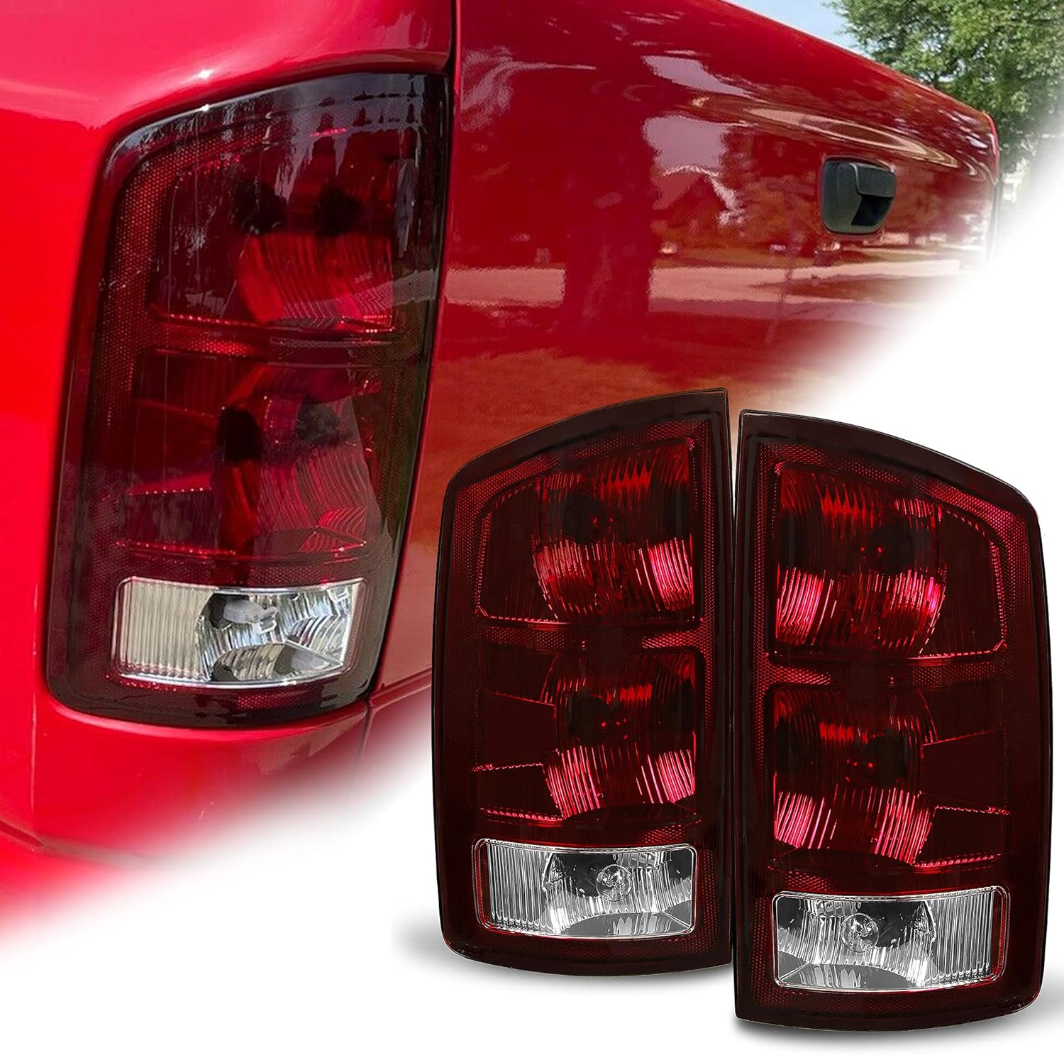 Pair Tail Light Compatible with 2002-2006 Dodge Ram 1500 / 2003-2006 Ram 2500 3500 Taillight Turn Signal Light Replacement (Red Smoked) Pack of 2 M7442