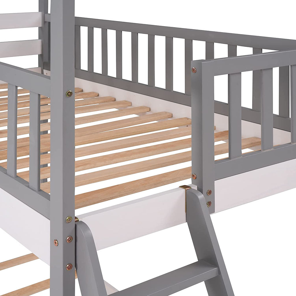 Gray Wood Kids House Bed with Roof and Ladder Q707301