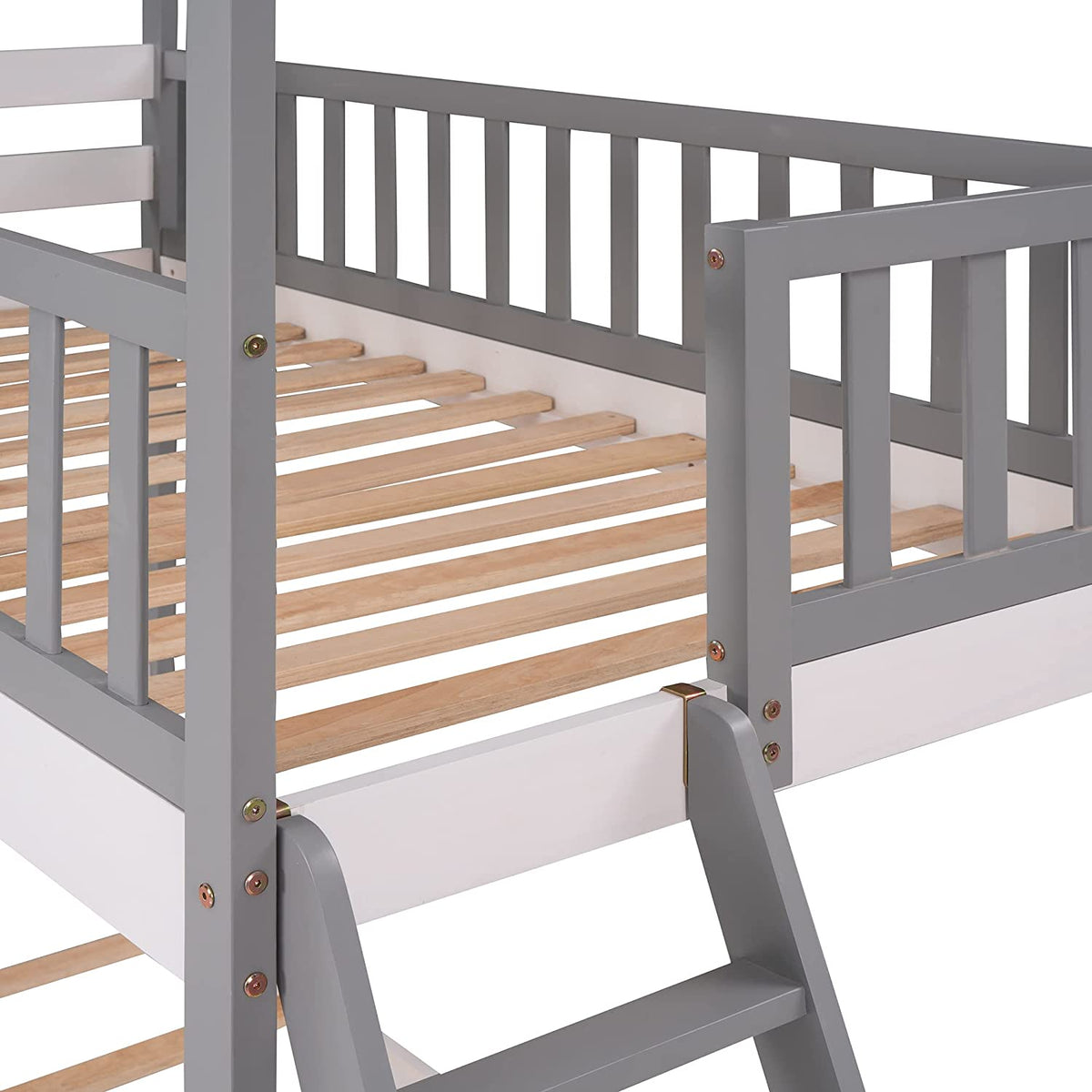 Gray Wood Kids House Bed with Roof and Ladder Q707301