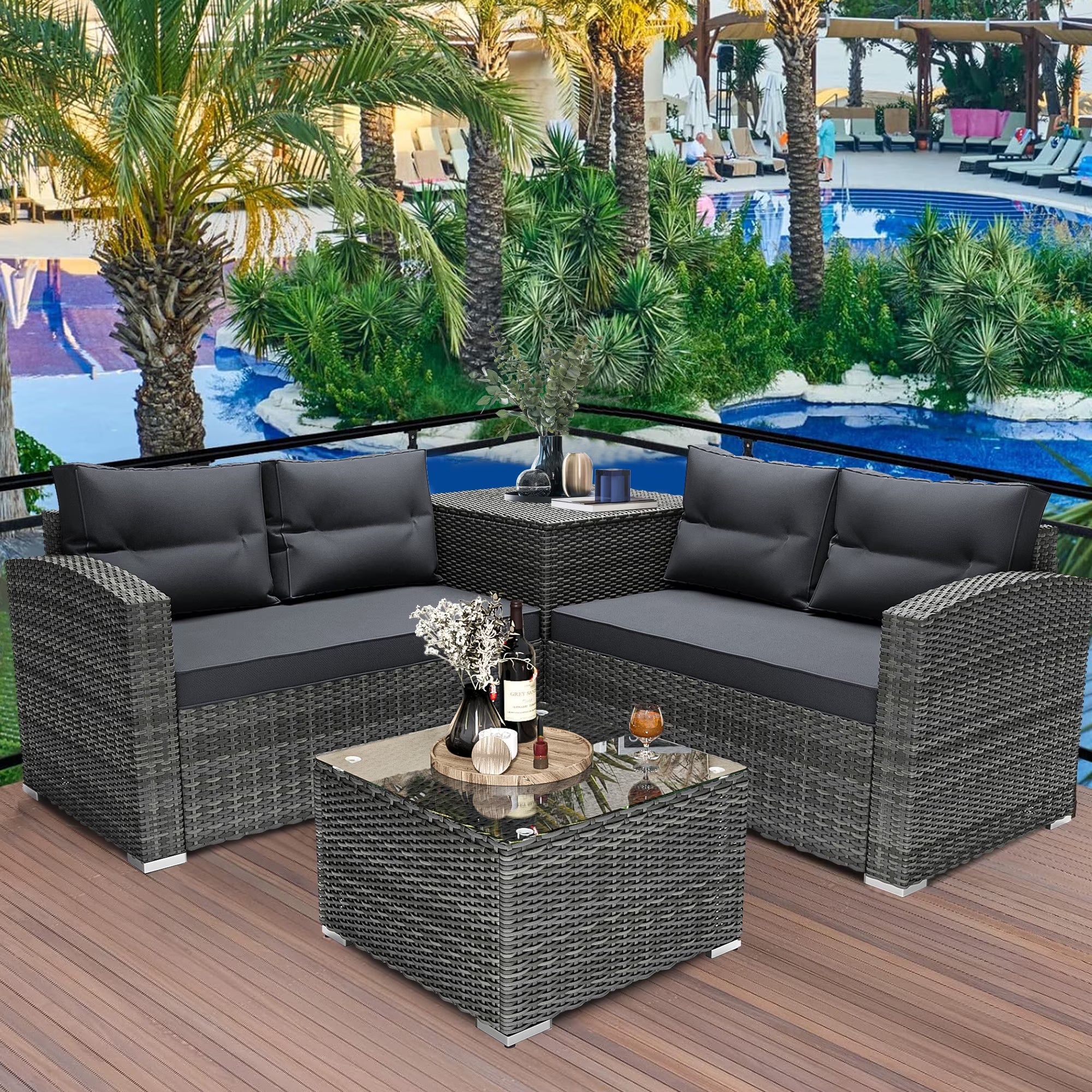 4 Pieces PE Rattan Sectional Sofa Set with Glass Table N90358