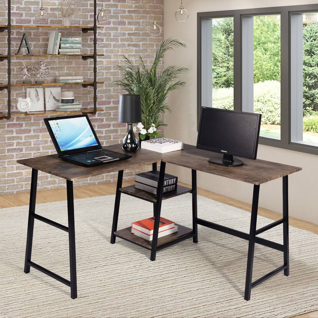Industrial L-Shaped Corner Computer Desk with Shelf H36892