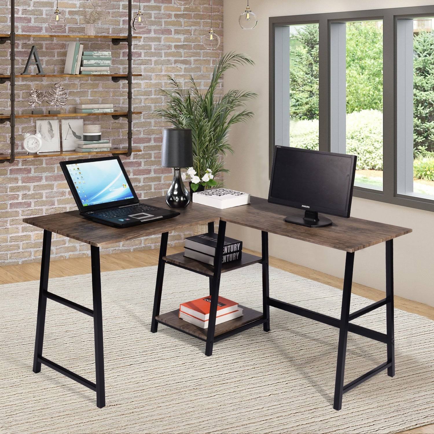 Industrial L-Shaped Corner Computer Desk with Shelf H36892