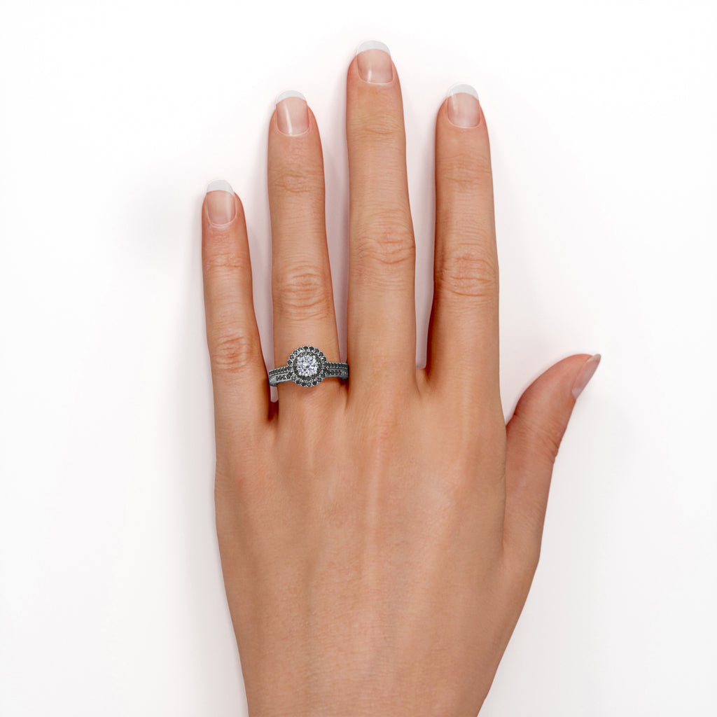 18K White Gold Plated Silver Double Halo Wedding Ring Set Z243