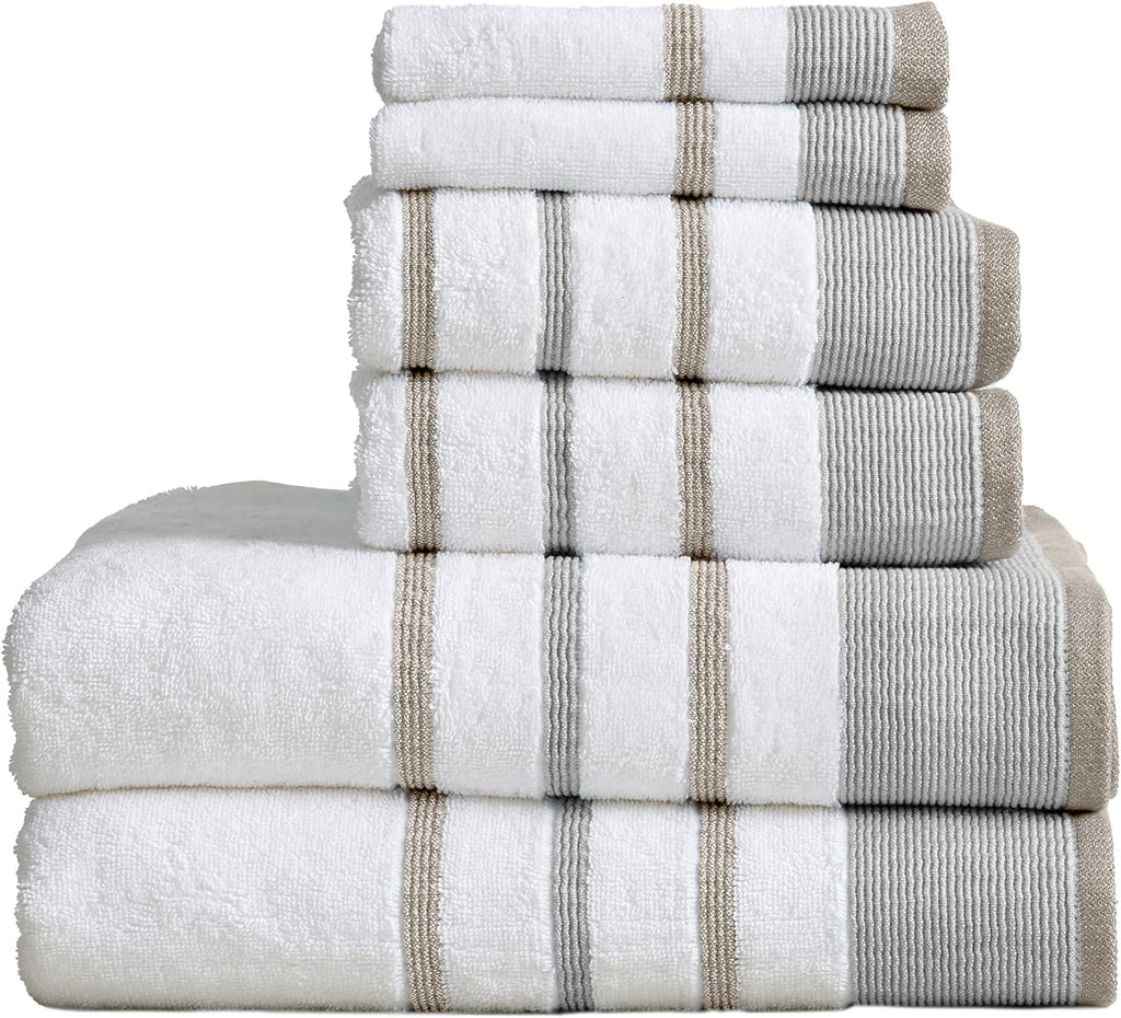 6 Piece Set White Tan Cotton Bath Towels R17687