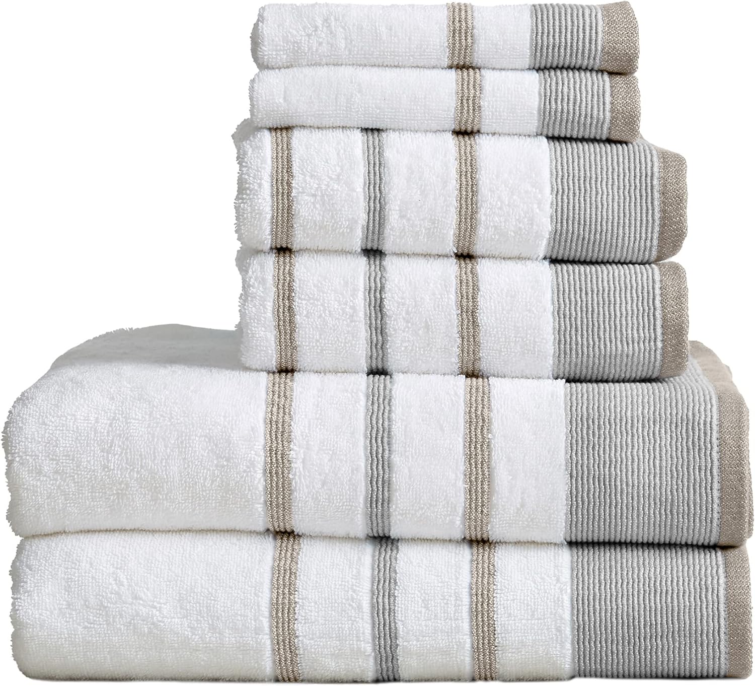 6 Piece Set White Tan Cotton Bath Towels R17687